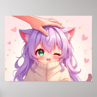 Adorable Cat-Eared Girl with Pastel Hair Poster