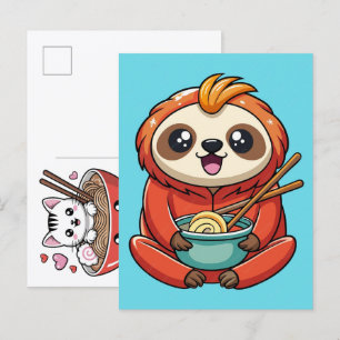 Adorable Cat Enjoying Savory Ramen Noodles Feast Holiday Postcard
