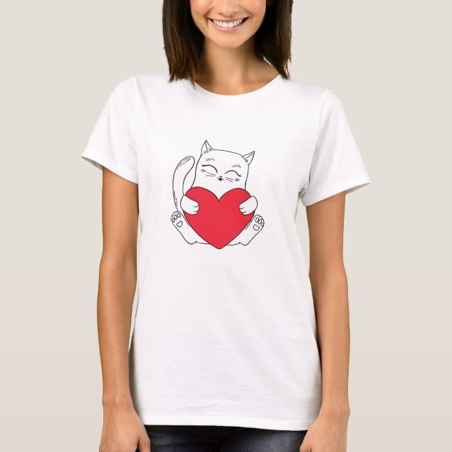 Adorable Cat Holding A Heart T-Shirt (Front)