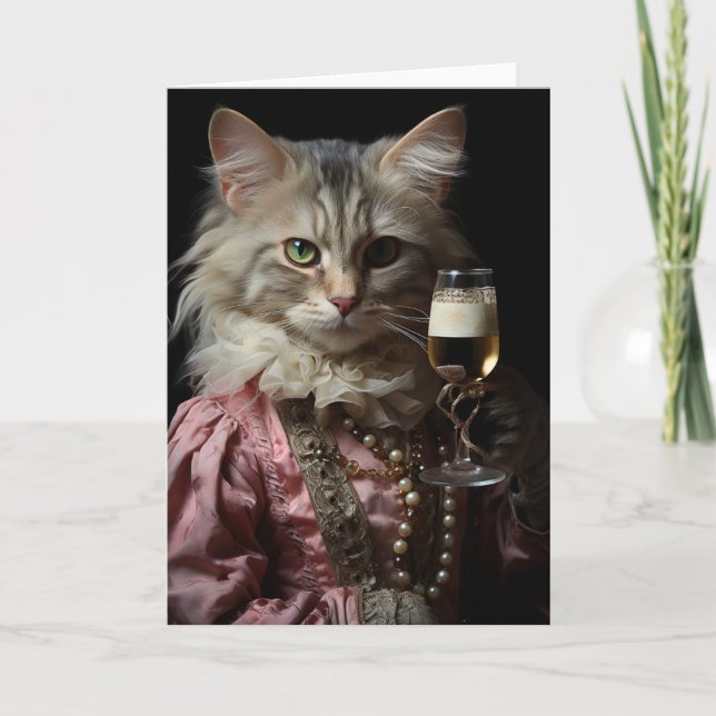Adorable Cat Holds A Glass Card (Front)