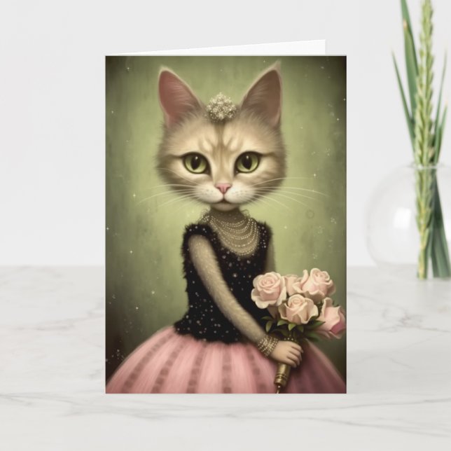Adorable Cat Holds Pink Roses Card (Front)