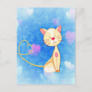 Adorable Cat Illustration with Hearts Postcard