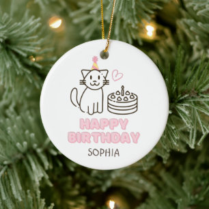 Adorable Cat in a Birthday Hat  Ceramic Tree Decoration