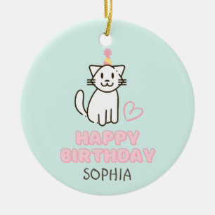 Adorable Cat in a Birthday Hat Ceramic Tree Decoration
