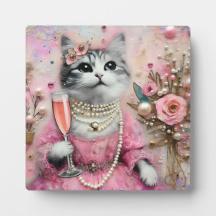 Adorable Cat in a Pink Dress With Pearls Plaque