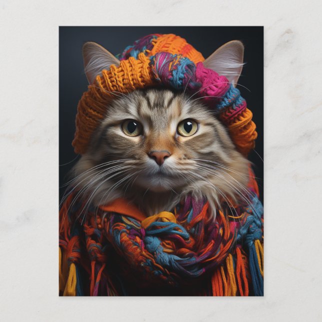 Adorable Cat in a Scarf and Hat Postcard (Front)