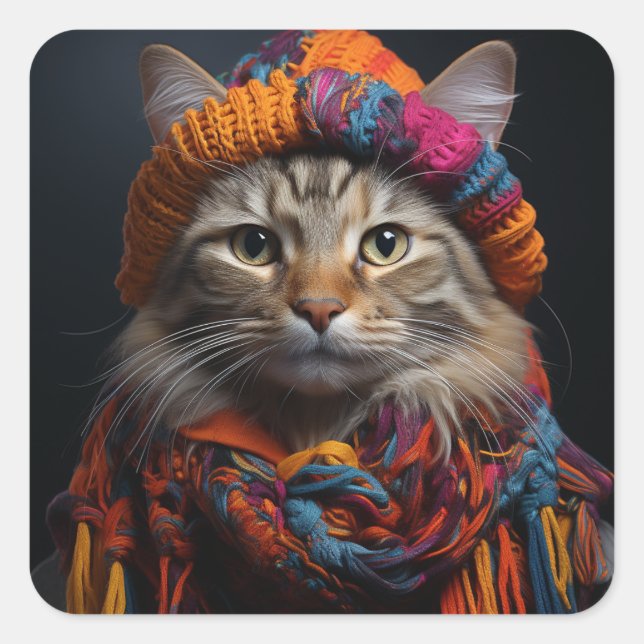 Adorable Cat in a Scarf and Hat Square Sticker (Front)