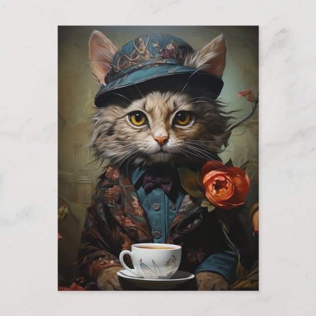 Adorable Cat in a suit with a coffee Postcard (Front)