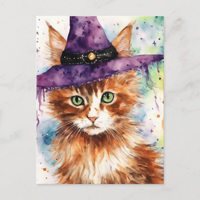 Adorable Cat in a Witch Hat Watercolor Postcard (Front)