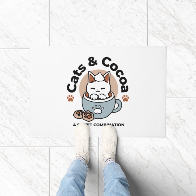 Adorable Cat in Mug Holiday Design - Cat & Cocoa Doormat (Indoor)