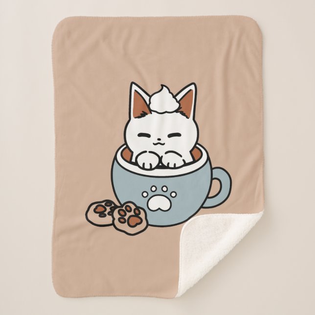 Adorable Cat in Mug Holiday Design - Cat & Cocoa Sherpa Blanket (Front)