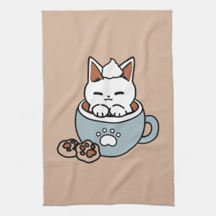 Adorable Cat in Mug Holiday Design - Cat & Cocoa Tea Towel