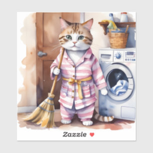 Adorable Cat in Pyjamas Doing Laundry Funny 