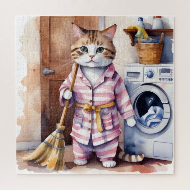 Adorable Cat in Pyjamas Doing Laundry Funny  Jigsaw Puzzle (Vertical)