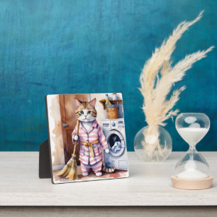 Adorable Cat in Pyjamas Doing Laundry Funny Plaque