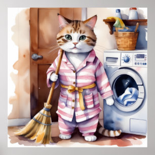 Adorable Cat in Pyjamas Doing Laundry Funny  Poster