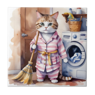 Adorable Cat in Pyjamas Doing Laundry Funny Tile