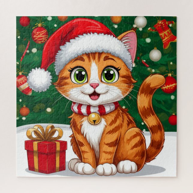 Adorable Cat in Santa Hat with Gift Jigsaw Puzzle (Vertical)