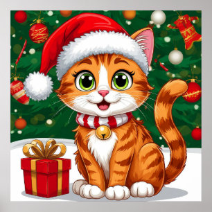 Adorable Cat in Santa Hat with Gift Poster