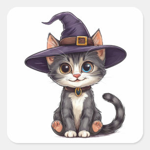 Adorable Cat in Witch Hat Square Sticker