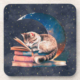 Adorable Cat on the Moon Reading A Book Coaster