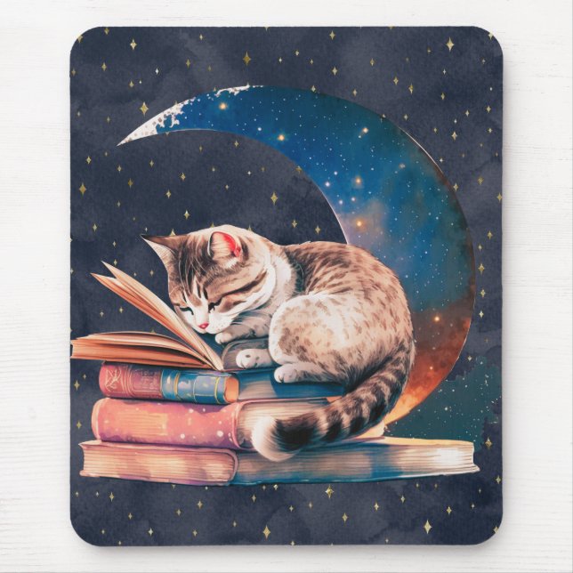 Adorable Cat on the Moon Reading A Book Mouse Pad (Front)