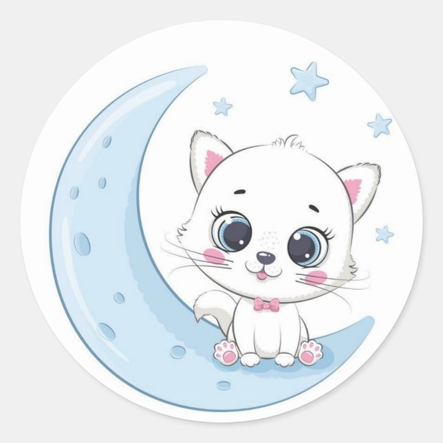Adorable Cat ove tge Moon  Classic Round Sticker (Front)