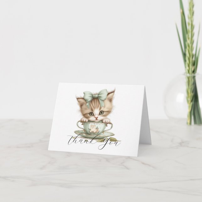 Adorable Cat Peeking Out of A Cup Thank You Card (Front)