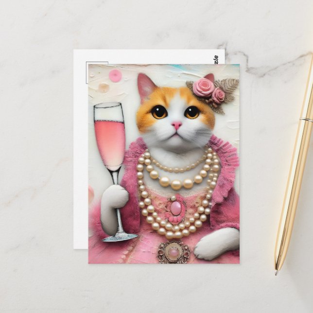 Adorable Cat Pink Dress With Pearls with Drink Postcard (Front/Back In Situ)
