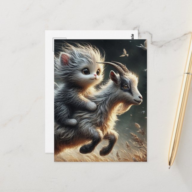 Adorable cat riding a goat postcard (Front/Back In Situ)