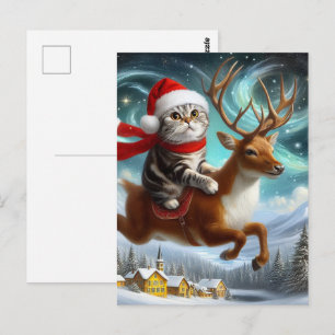 Adorable Cat Santa and the Reindeer Christmas Postcard