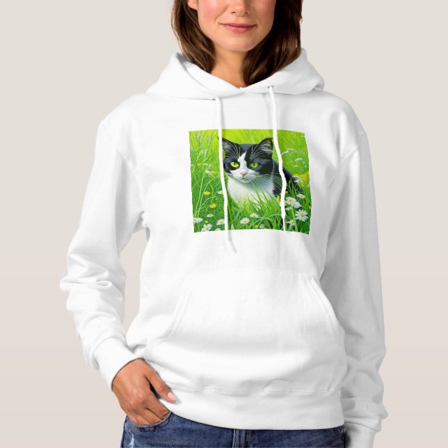 Adorable Cat sitting in a field of Daisies  Hoodie (Front)