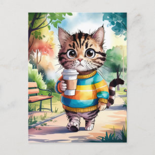 Adorable Cat Walking in the Park With Coffee Postcard