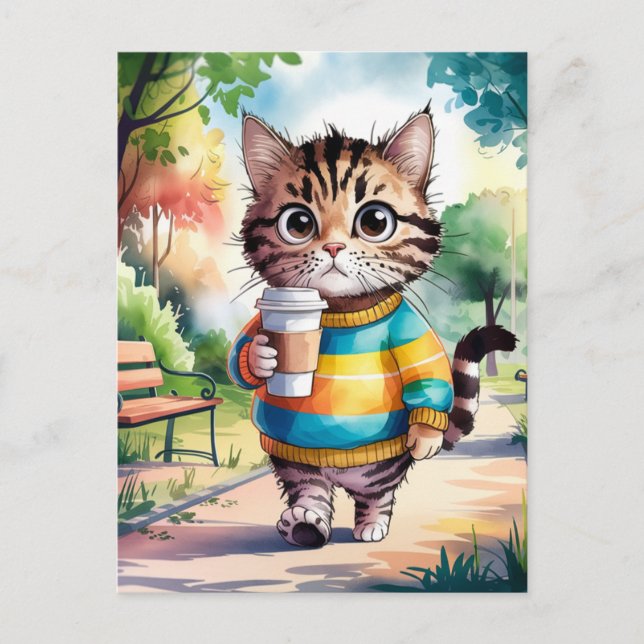 Adorable Cat Walking in the Park With Coffee Postcard (Front)