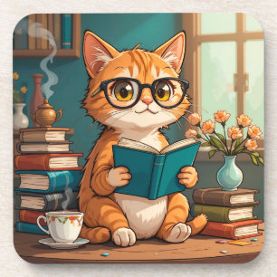 Adorable Cat Wearing Glasses Reading a Book Coaster