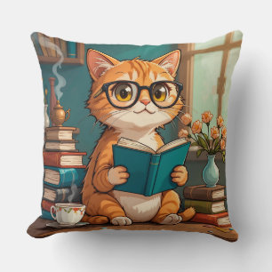 Adorable Cat Wearing Glasses Reading a Book Cushion