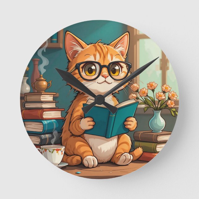 Adorable Cat Wearing Glasses Reading a Book Round Clock (Front)