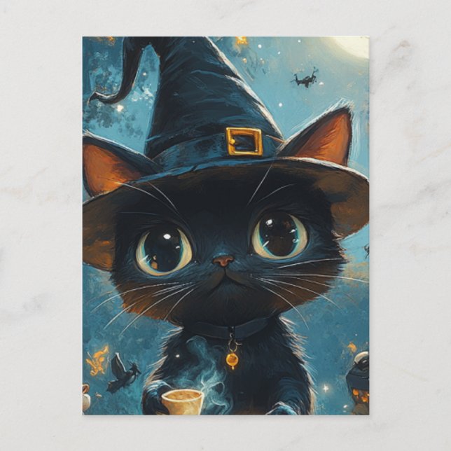 Adorable Cat Witch Postcard (Front)