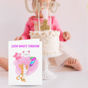 Adorable Cat With 1st Birthday Balloons  Card