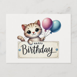 Adorable Cat with Balloons Birthday Card