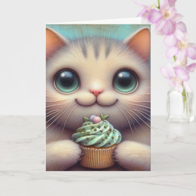 Adorable Cat with Catnip Cupcake All Occasions Card (Orchid)