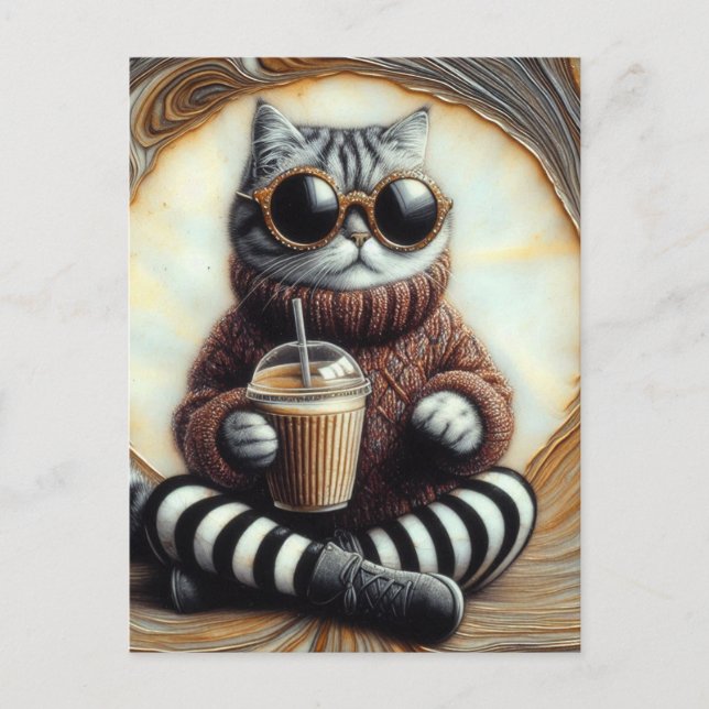 Adorable Cat With Coffee Drink Postcard (Front)