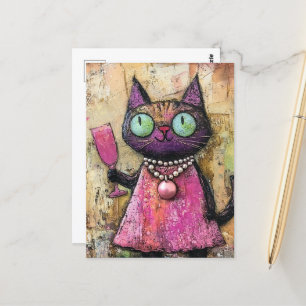 Adorable Cat With Drink In Hand Postcard
