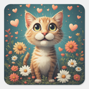Adorable Cat With Flowers Hearts And Joyful Look  Square Sticker