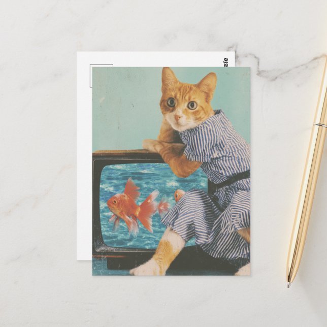 Adorable Cat With Goldfish on TV Retro Collage Postcard (Front/Back In Situ)