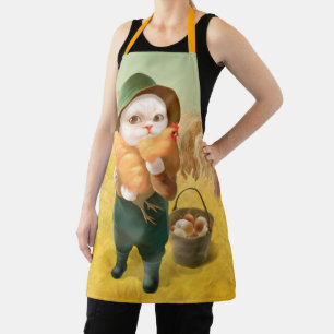 Adorable Cat with Hen on Farm Apron