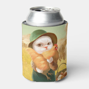 Adorable Cat with Hen on Farm Can Cooler