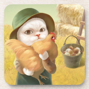 Adorable Cat with Hen on Farm Coaster