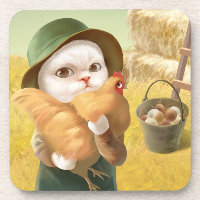 Adorable Cat with Hen on Farm Coaster (Front)