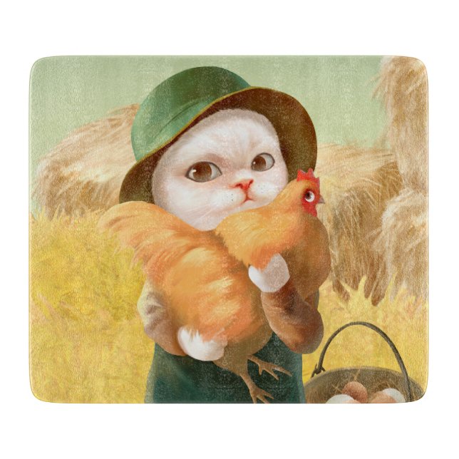 Adorable Cat with Hen on Farm Cutting Board (Front)